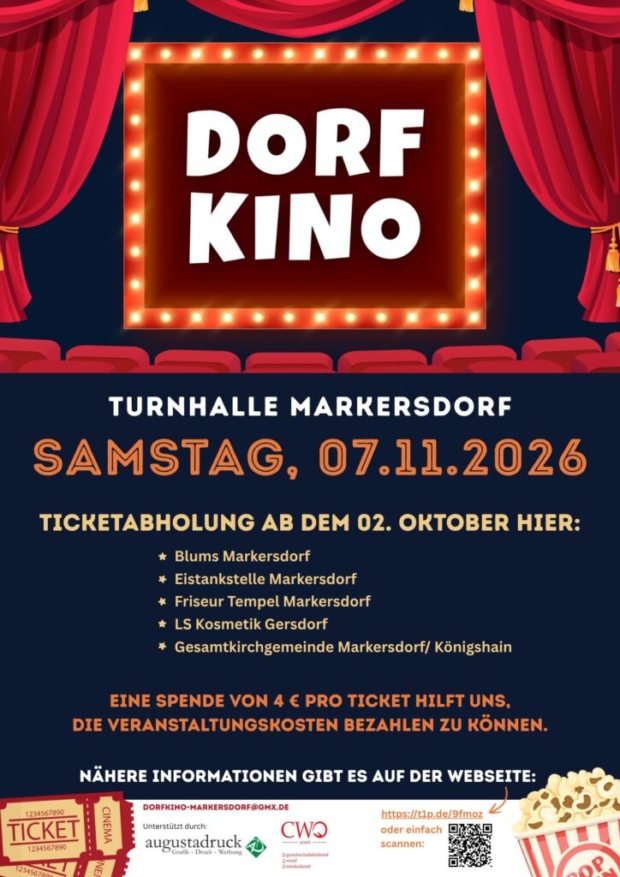 Flyer-Rückseite zum Dorfkino Markersdorf am 7. November 2026 mit Ticketabholstellen und Spendenhinweis.
